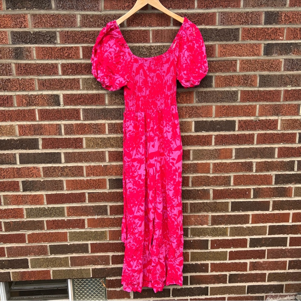 Lark + Grey Pink and Light Pink Floral Off the Shoulder Puff Sleeve Jumpsuit